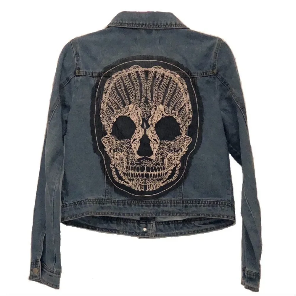 Medium Wash Denim Jacket With Lace Skull Patch